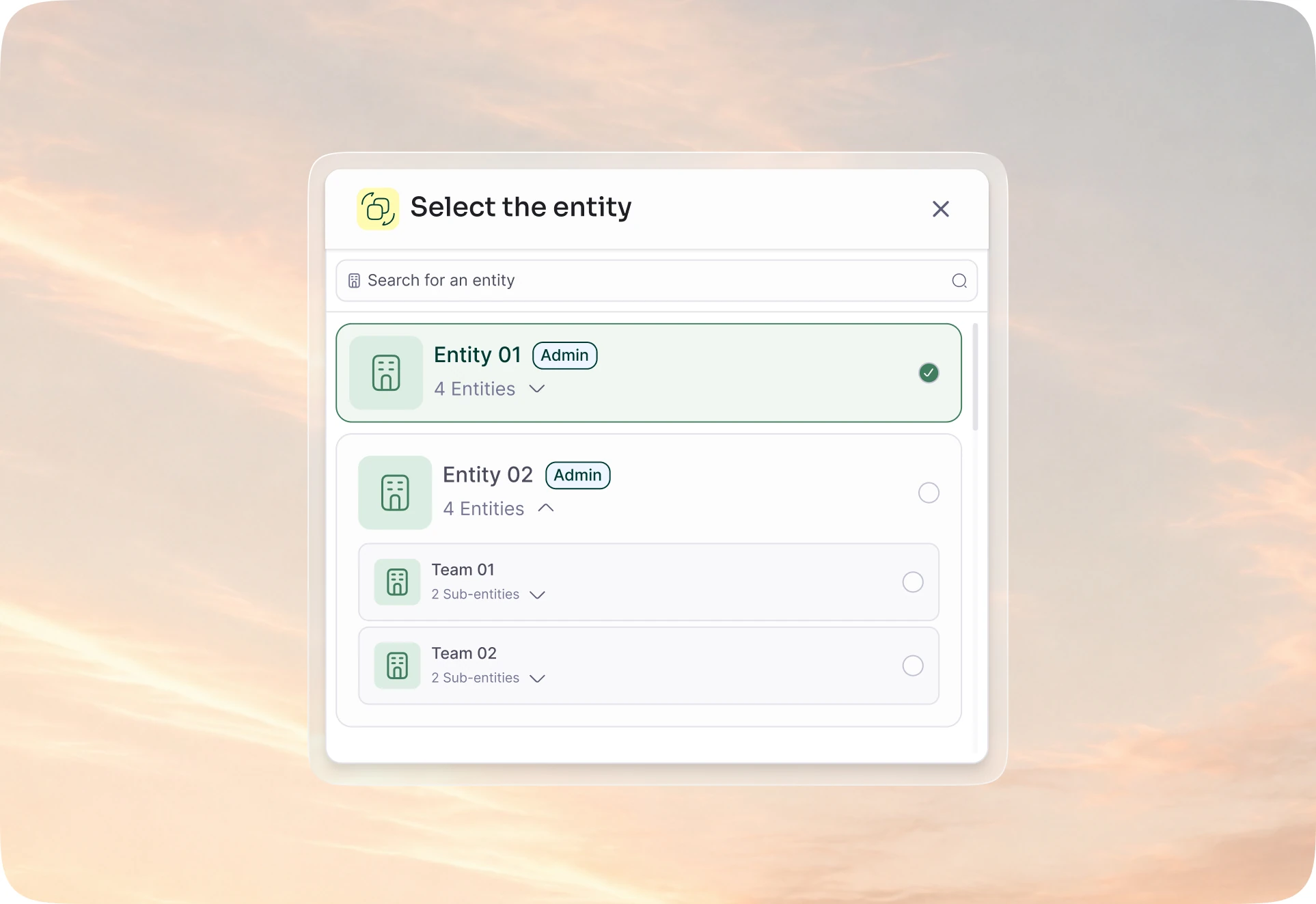 The entity picker: an account’s entities, their teams and their sub-entities