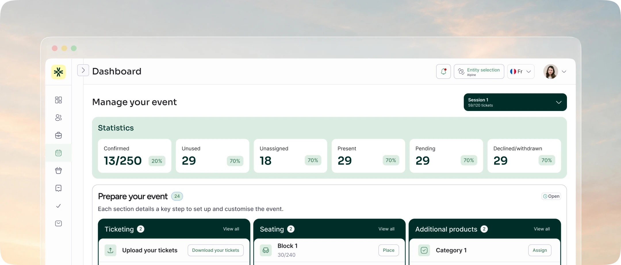 An event management dashboard: seats confirmed, unused and unassigned, and the setup steps