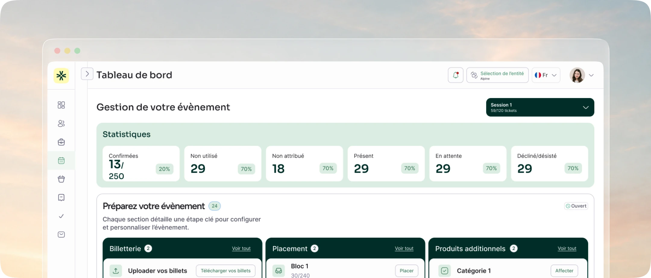 Tableau de bord de gestion d’un évènement : les places confirmées, non utilisées, non attribuées, et les étapes de préparation