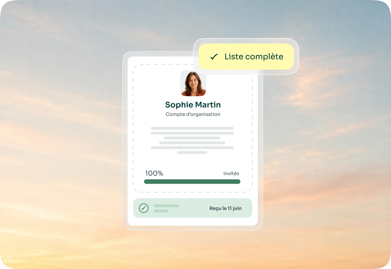 Fiche invité d’un compte d’organisation, sa liste marquée complète et ses 100 % d’invités renseignés