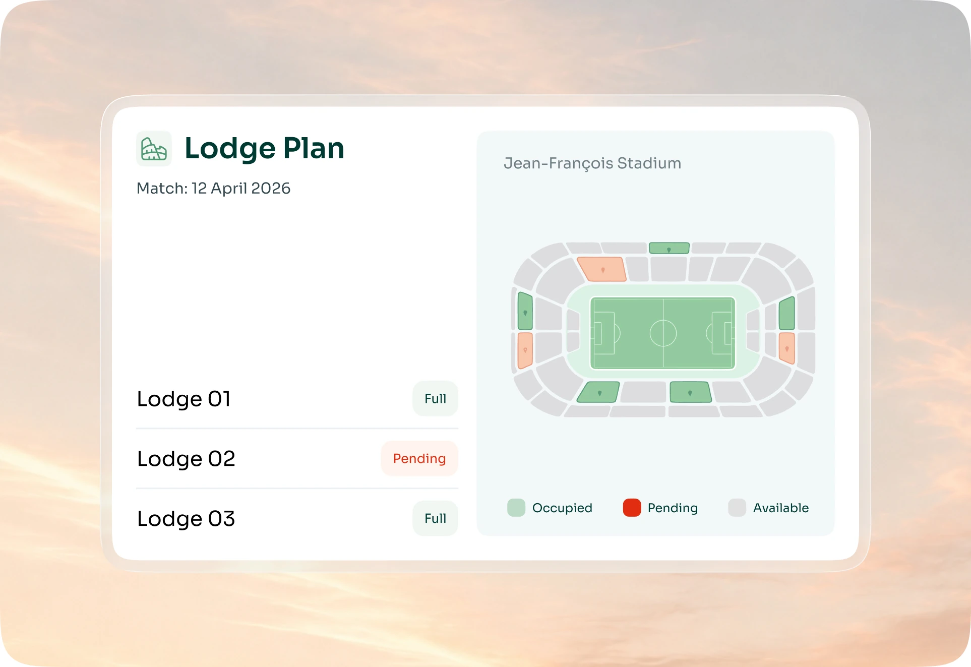 Logenplan des Stadions für ein Spiel: jede Loge belegt, in Wartestellung oder frei
