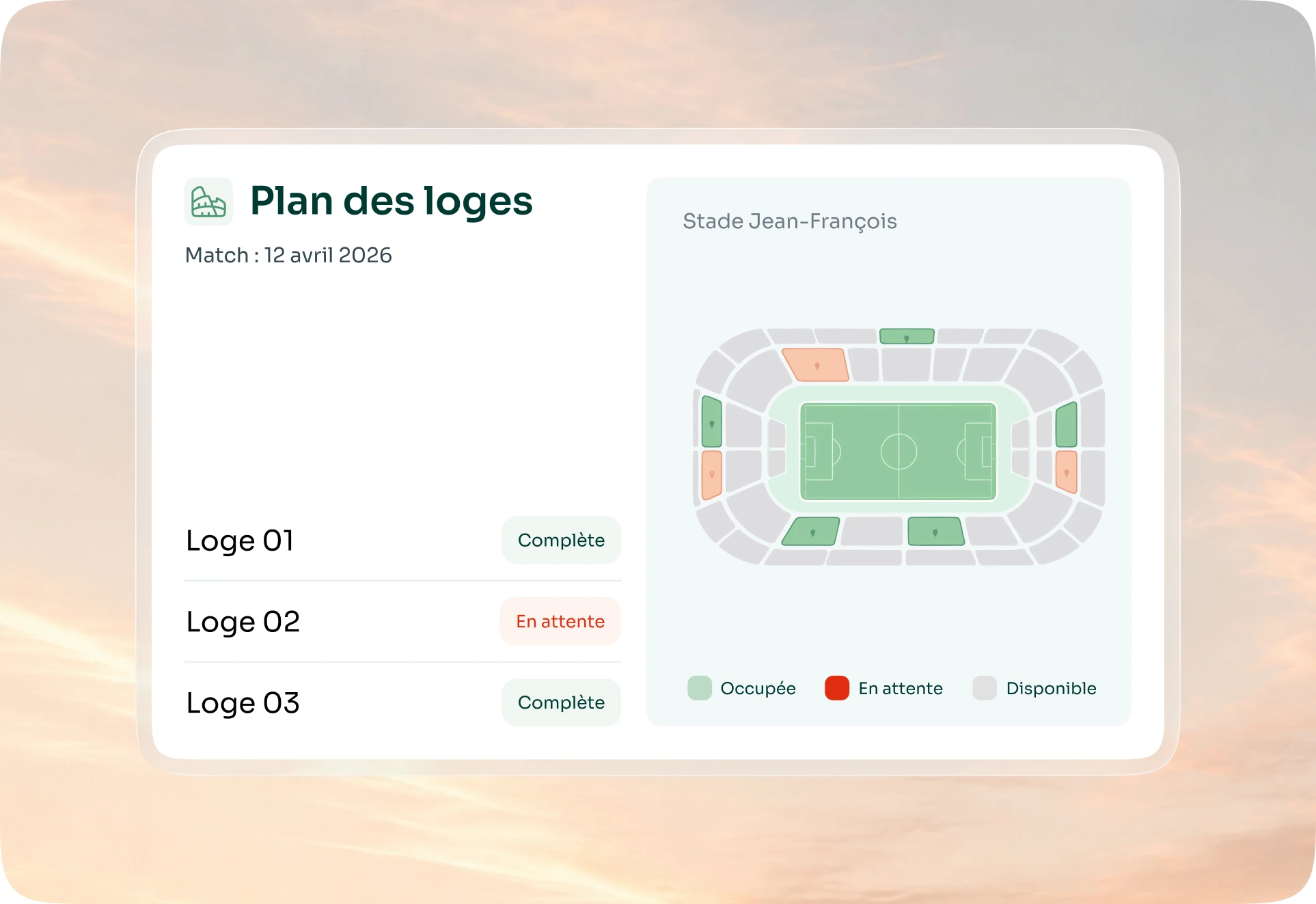 Plan des loges du stade pour un match : chaque loge complète, en attente ou disponible
