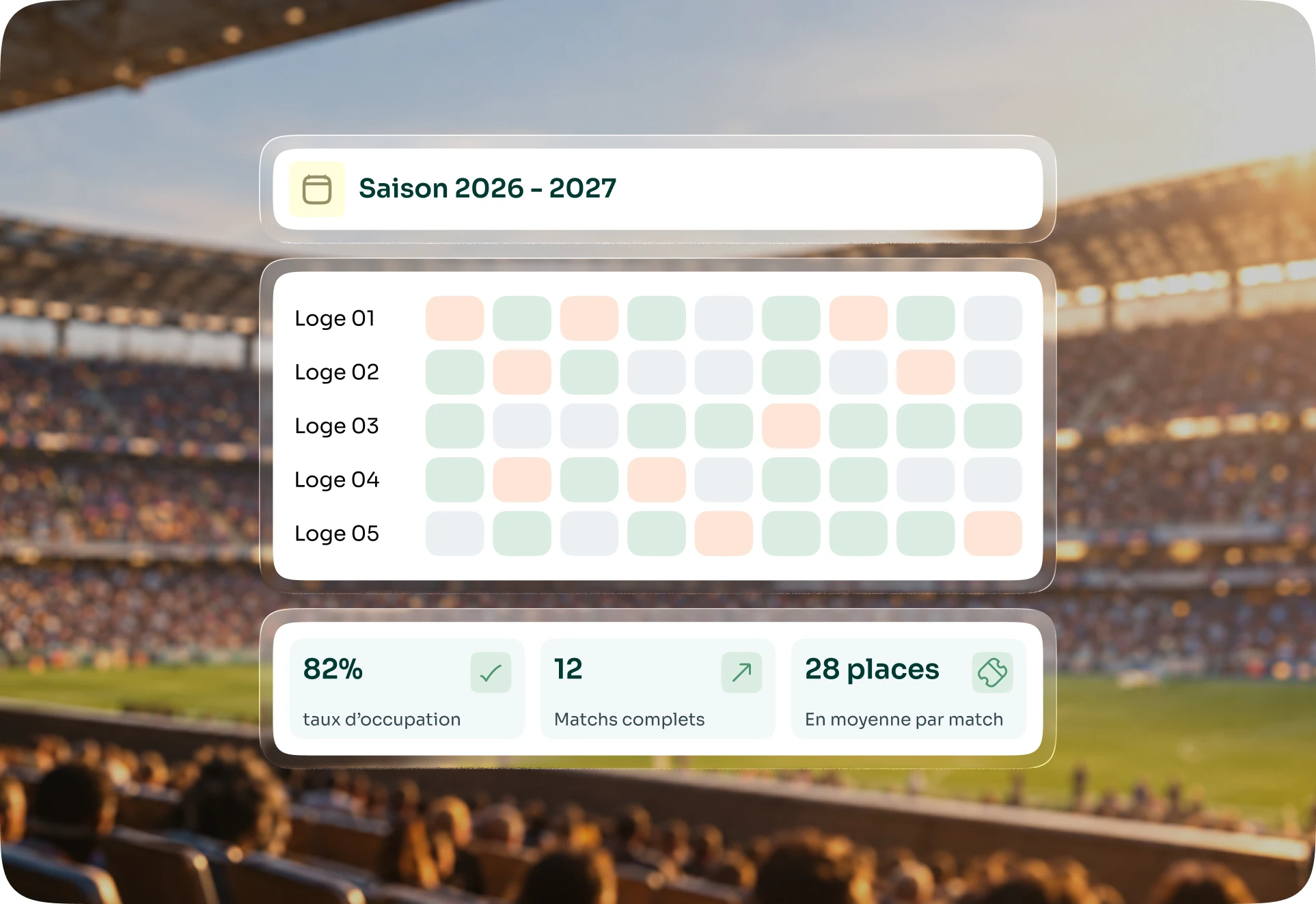 Occupation des loges sur la saison 2026-2027 : 82 % de taux d’occupation, 12 matchs complets, 28 places en moyenne par match