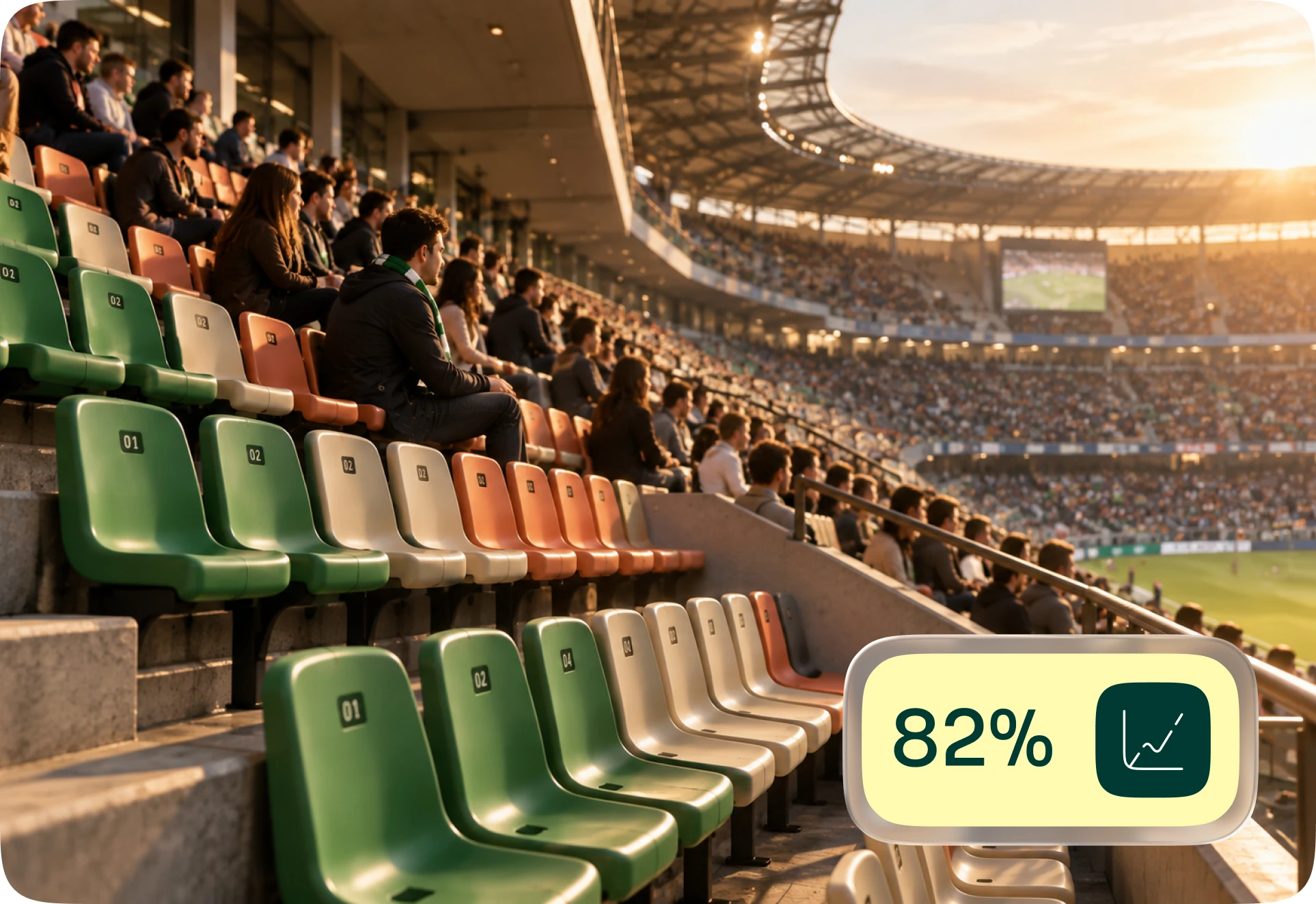 A filled stand at sunset, with an 82% occupancy rate shown over it