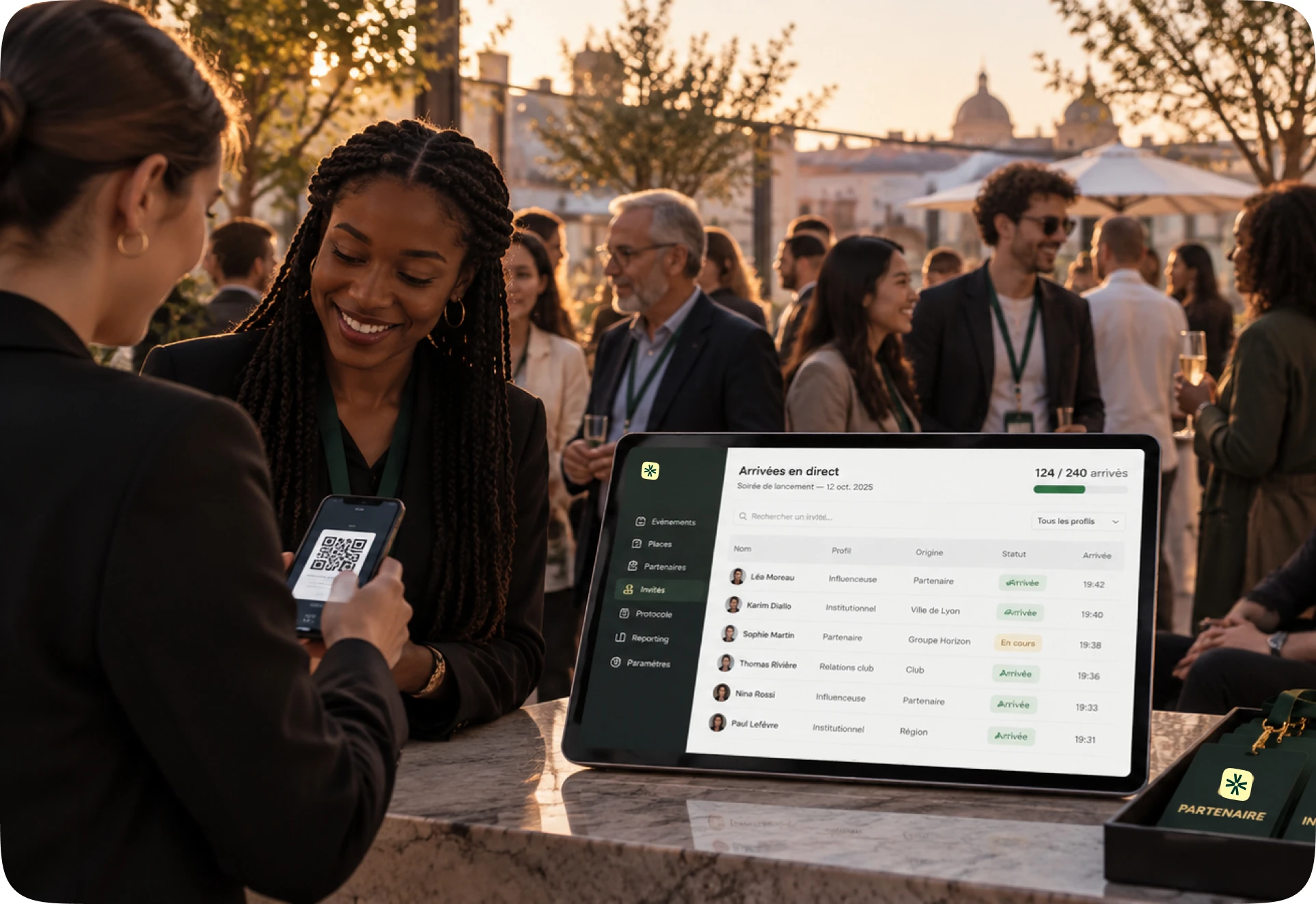 Access control at the door of an evening event: a guest’s QR code being scanned, and the live arrivals screen showing 124 guests out of 240
