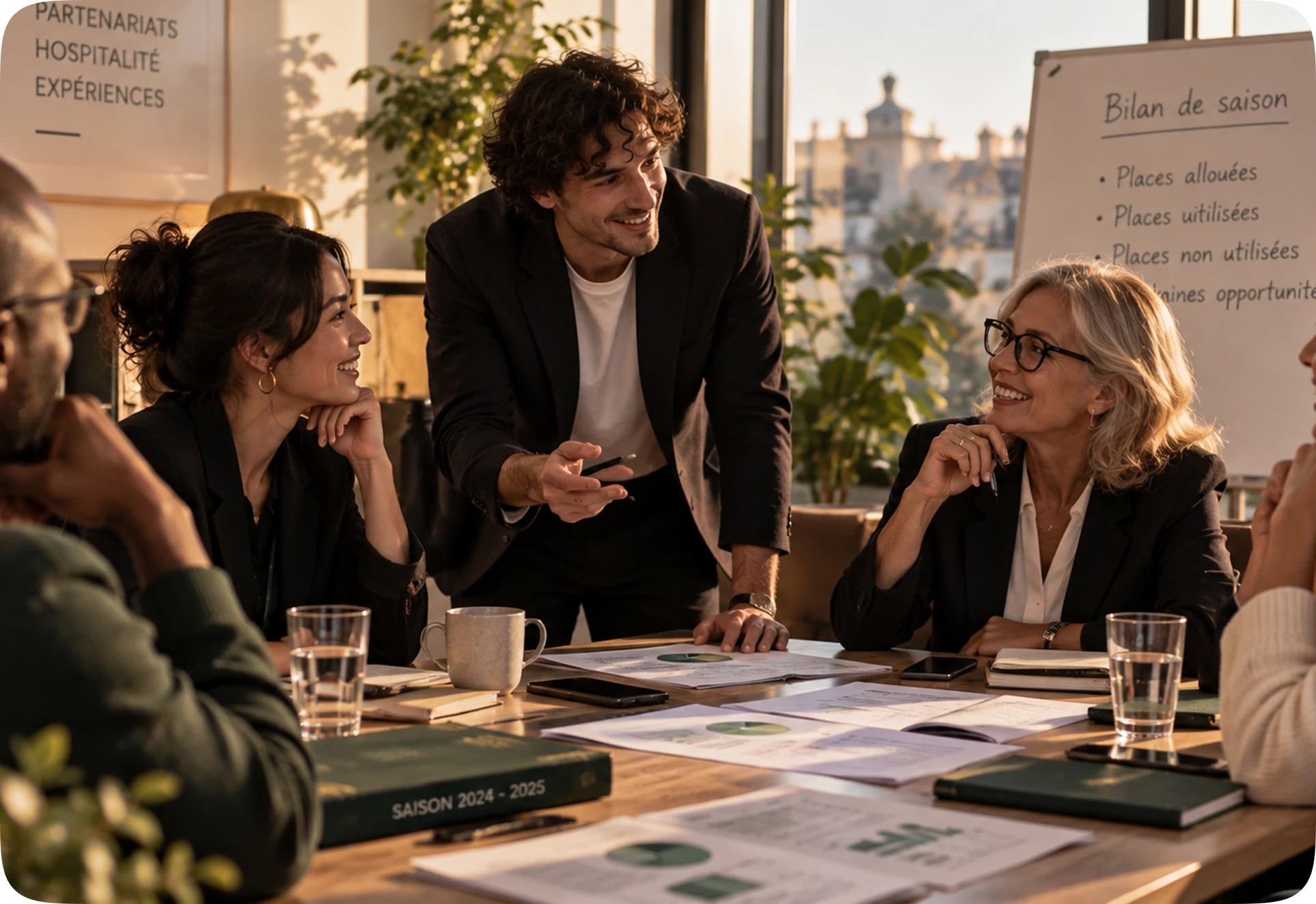 A season review meeting around a table: seats allocated, used and unused, listed on the flip chart