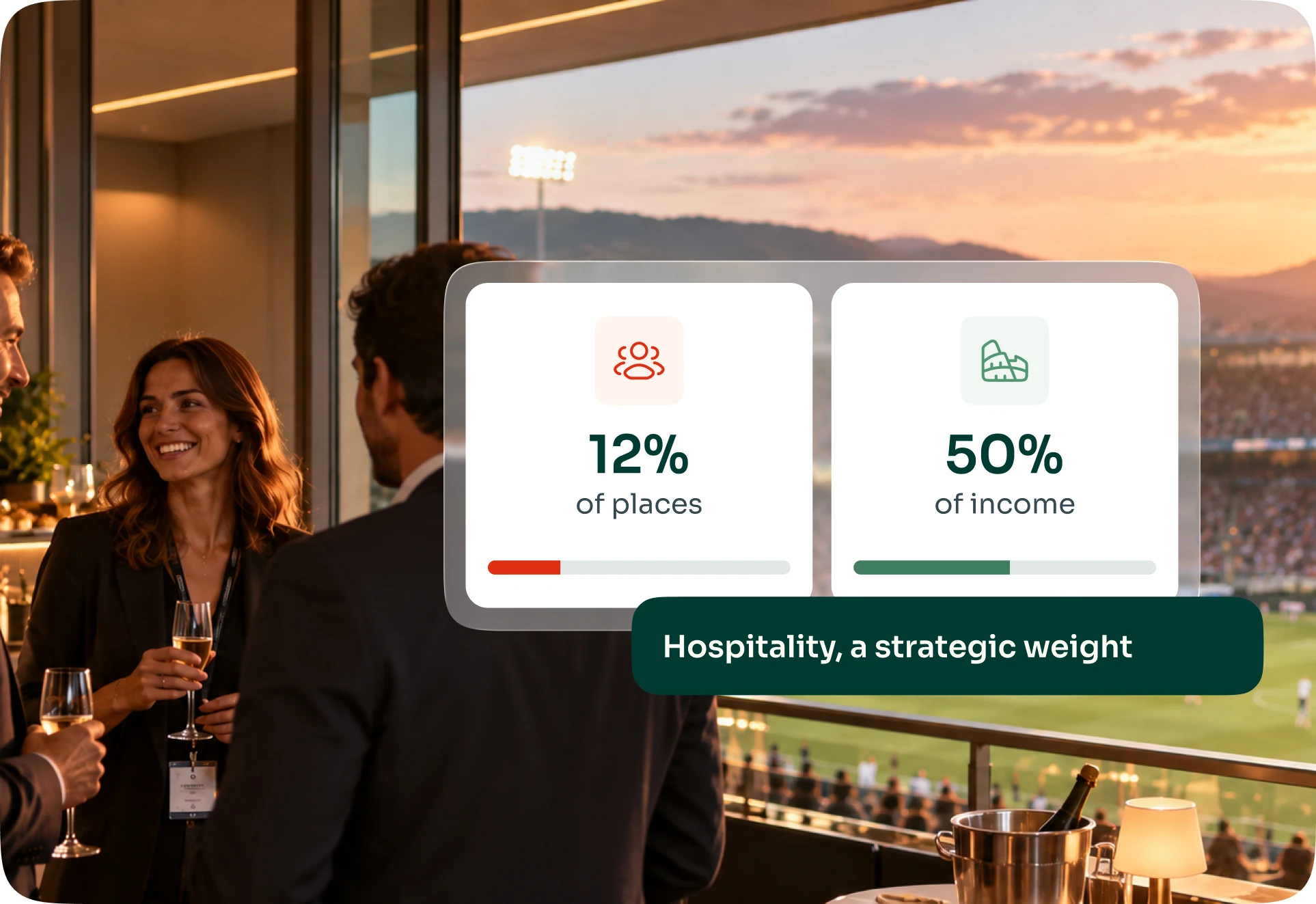A hospitality box during a match, with two figures laid over it: 12% of the seats, 50% of the revenue
