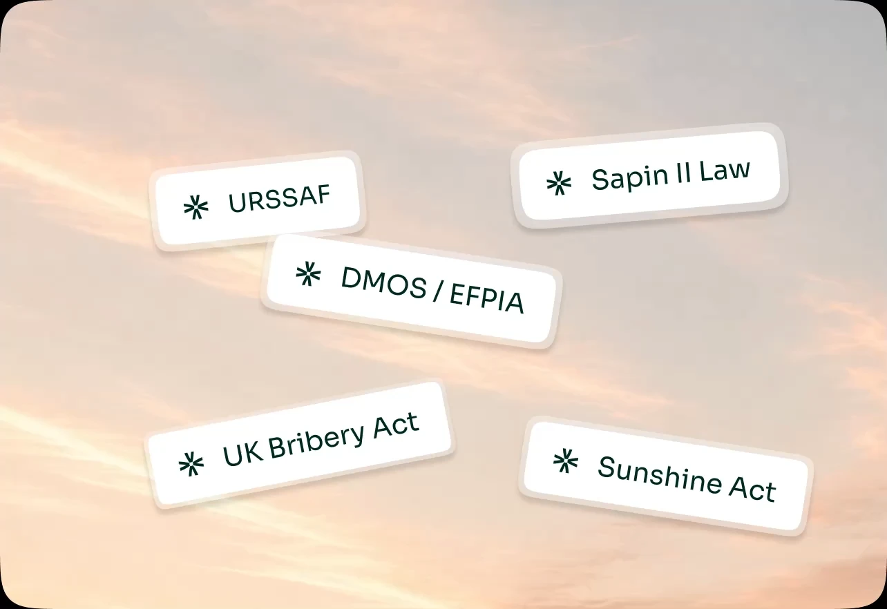 Labels for the applicable regimes (Sapin II, URSSAF, DMOS/EFPIA, UK Bribery Act, Sunshine Act) against the sky