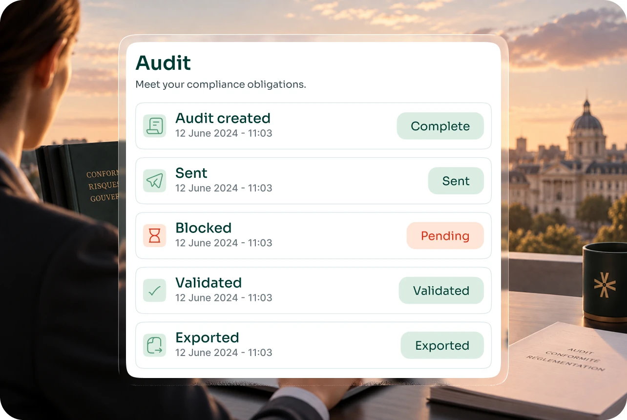Evenizer audit trail: every step timestamped, with its compliance status