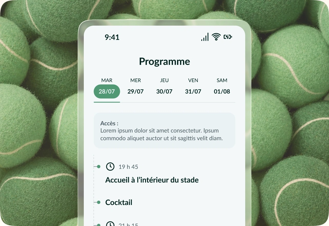 Event programme shown on a phone: welcome at the stadium, cocktail, kick-off
