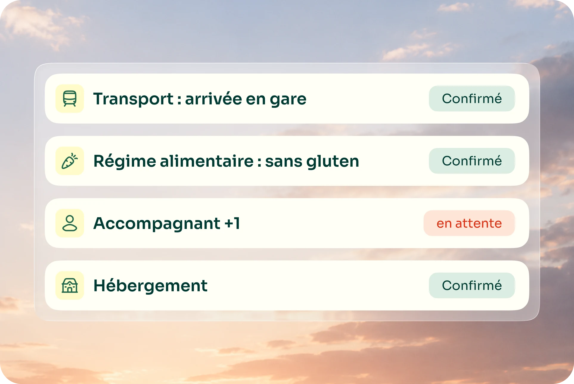 Logistics collected per guest: travel, dietary requirements, plus-one, accommodation