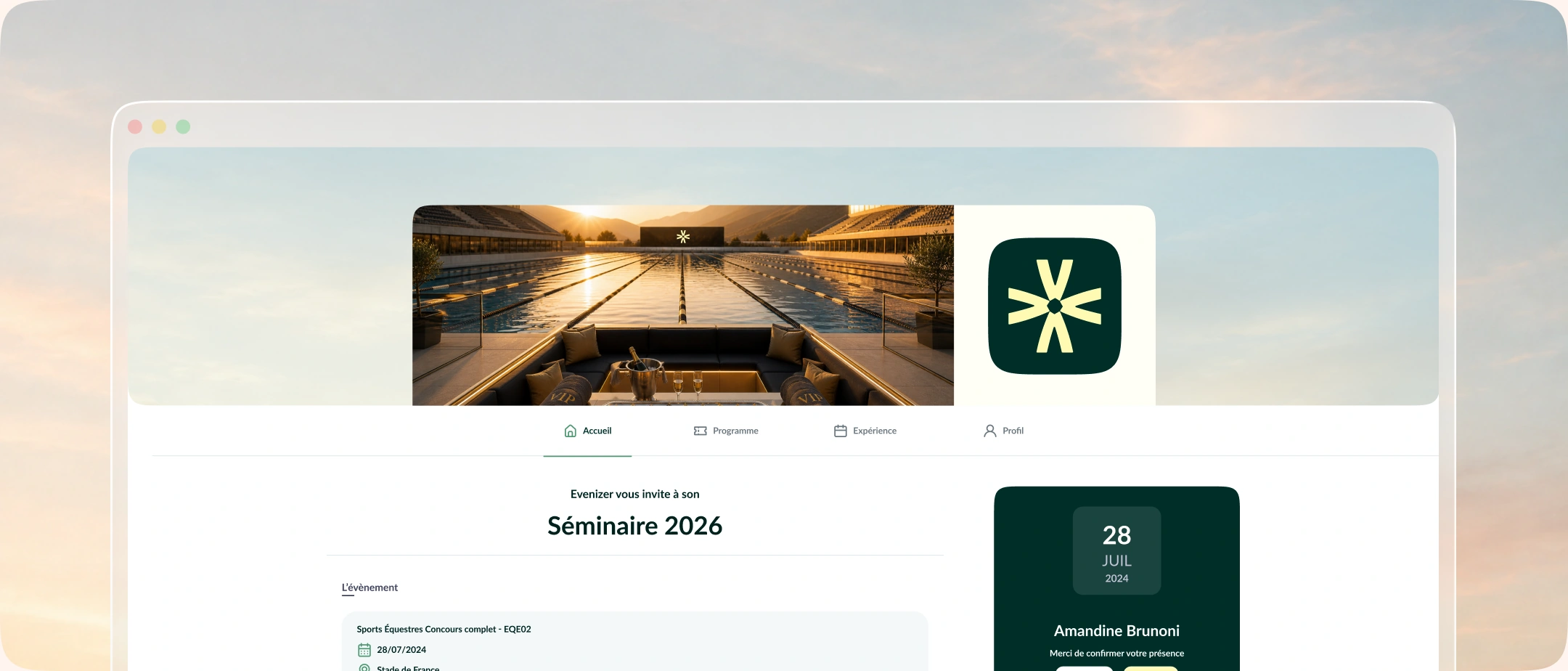 Evenizer guest portal against an evening sky: invitation to the 2026 seminar and attendance confirmation