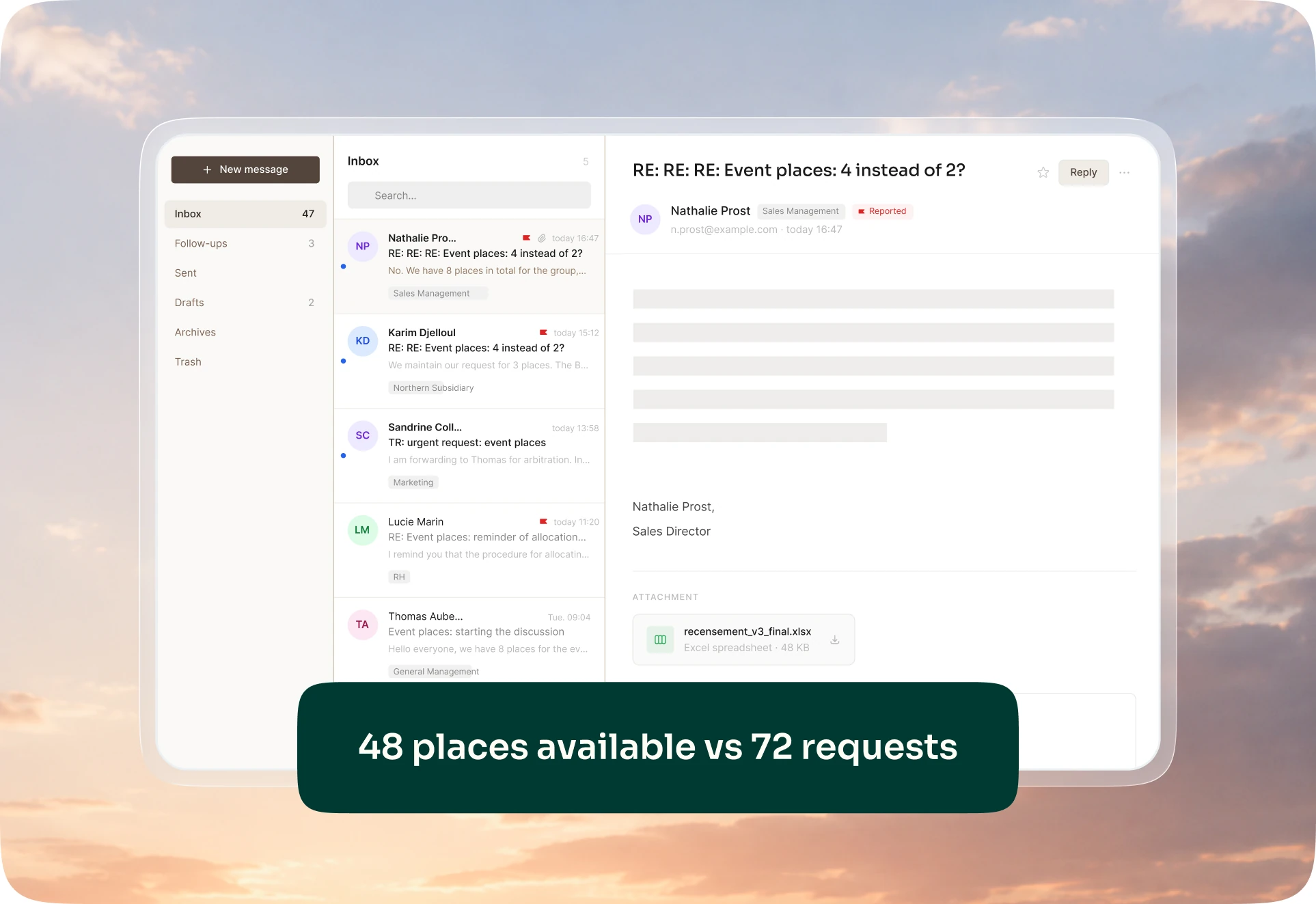 An overflowing inbox: five entities requesting seats for the same event, a spreadsheet attached, and 48 seats available for 72 requested