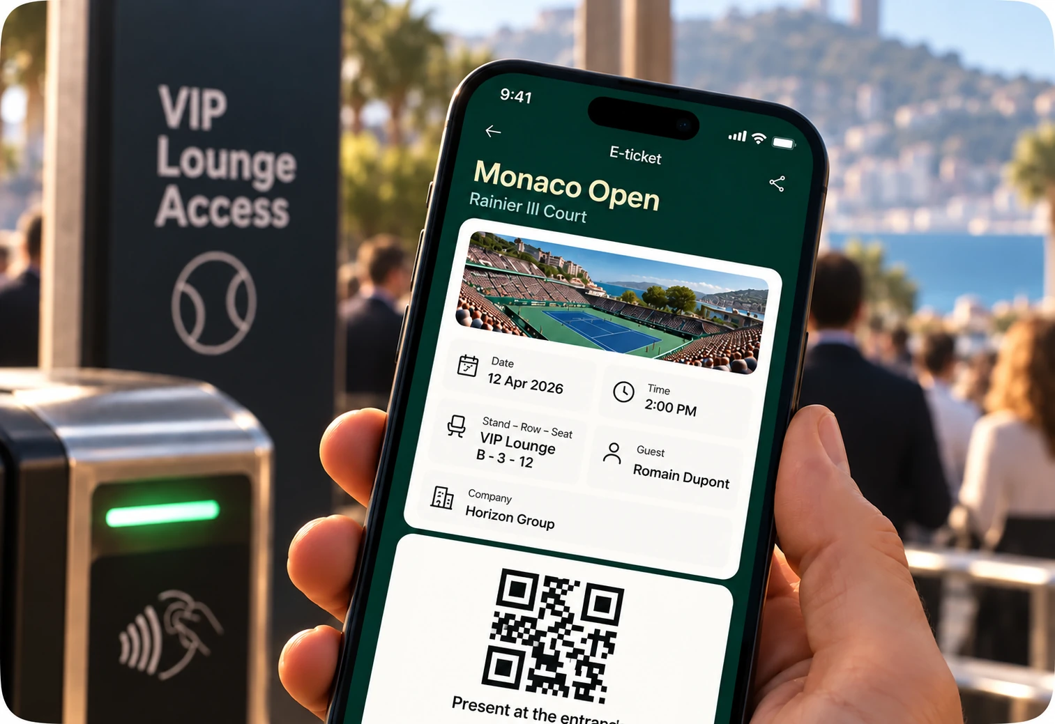 A guest’s e-ticket on a phone at the box entrance: date, seat, entity and QR code