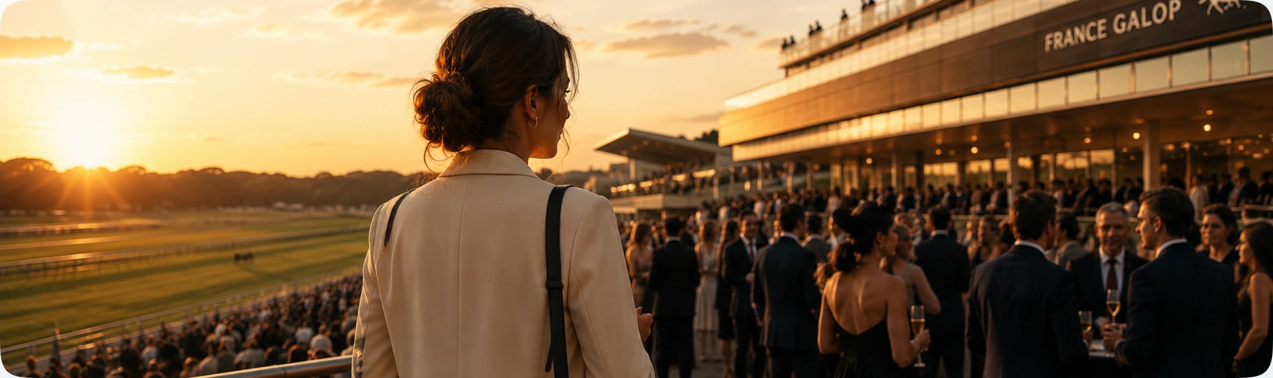 A guest facing the France Galop racecourse at sunset, stands set up for a reception