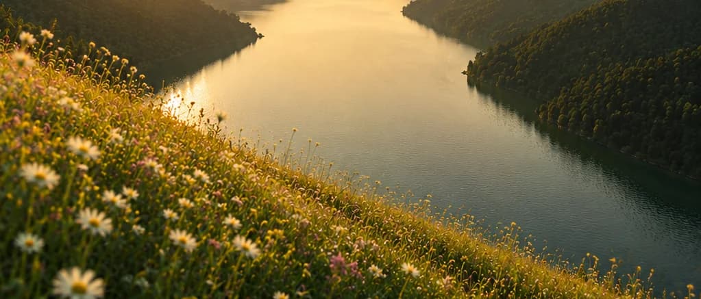 A basket hanging from a helicopter above a mountain lake at sunset