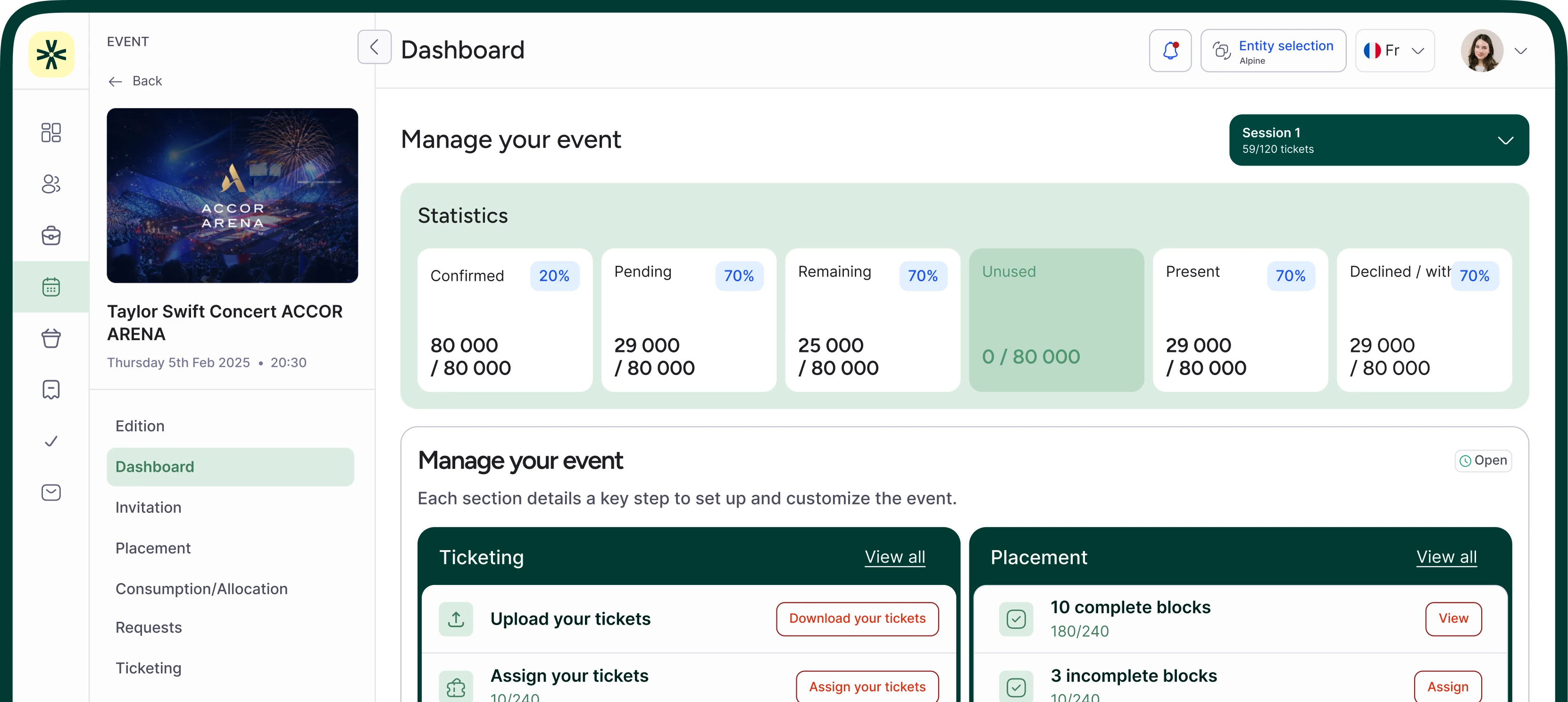 Evenizer dashboard: event statistics, ticketing and seating