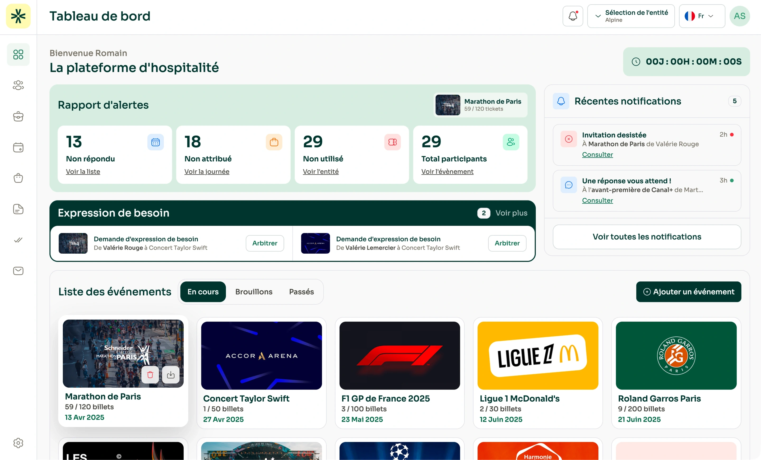 Aperçu du tableau de bord Evenizer